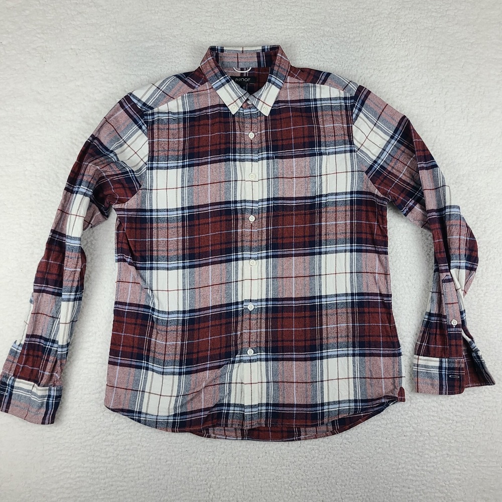Proof Flannel Shirt Mens Large Blue White Dark Orange Plaid Button Up EC‎